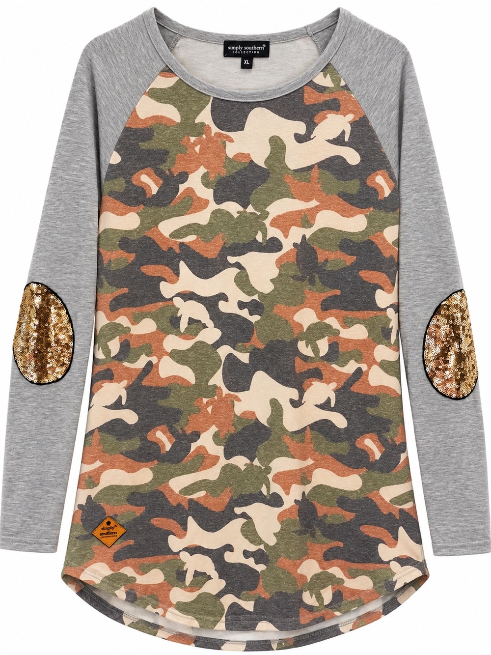 Simply Southern XL Camo Long Sleeve Top Gold Sequin Elbow Patch Tunic